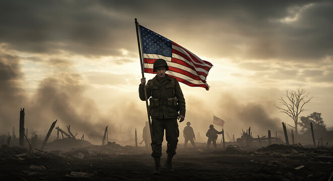 A lone soldier proudly carries the American flag across a war-torn battlefield.