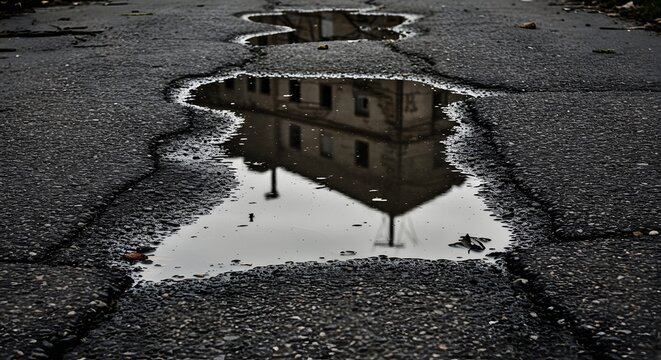 An AI-generatedmillustration showing a atmospheric image showing the reflection of an old, forgotten building in a puddle of water. The puddle has formed in a long crack on a dark.