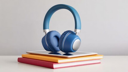 Stylish Blue Headphones Resting on a Modern Tablet Surrounded by Colorful Books, Perfect for Music Lovers and Students in a Trendy Study Space