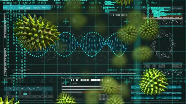 Spiky green spheres drifting across interface after pulsing DNA helix to visualize data flows