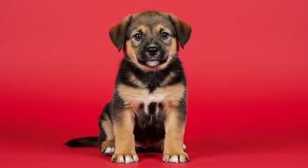 Adorable puppy sits patiently against vibrant red background. AI Generated
