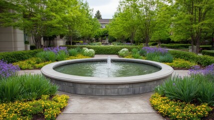 Obraz premium Tranquil Garden Oasis with Circular Fountain Surrounded by Lush Greenery and Colorful Flower Beds for Serene Outdoor Spaces