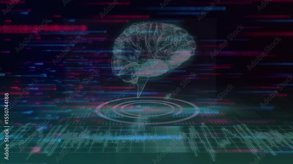 Poster glitch bars sweeping and brain hologram flickering while rotating on glowing base visualizing data