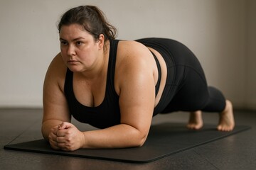 Plus size woman doing plank pose on yoga mat in studio