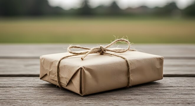 A rustic gift box wrapped in brown kraft paper and tied with twine string. (AI Generated)