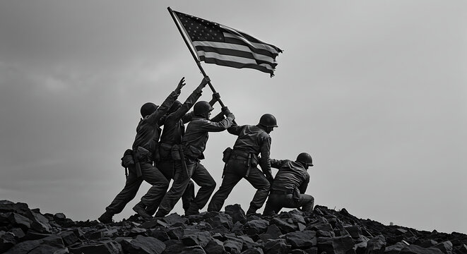 A black and white statue of soldiers raising the American flag on a rocky terrain.