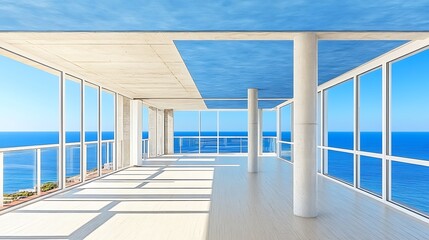 Fototapeta premium Expansive contemporary interior with stunning ocean views from floor-to-ceiling windows
