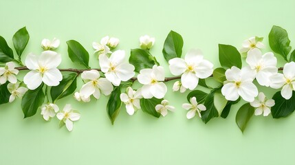 Fototapeta premium Spring Blossom Branch White Flowers Green Background