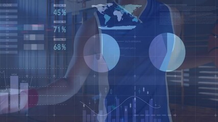 Camera panning up activating sports analytics overlays around basketball player lifting ball in gym - Powered by Adobe