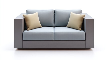 Obraz premium Modern minimalistic two-seater sofa with soft cushions in a light color scheme, ideal for contemporary living rooms or stylish lounges, emphasizing simplicity and comfort.