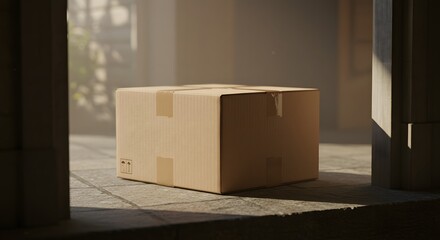 Cardboard box package delivered and left on a doorstep or porch. (AI Generated)