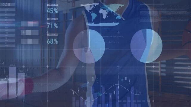 Camera panning up activating sports analytics overlays around basketball player lifting ball in gym - Powered by Adobe