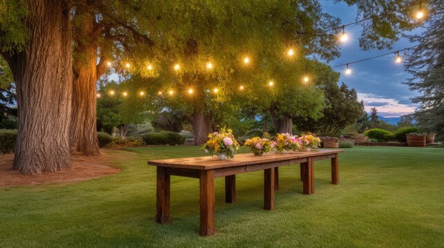 Rustic outdoor wedding setup featuring elegant table adorned with flowers, string lights illuminating scenic garden during twilight in serene nature setting