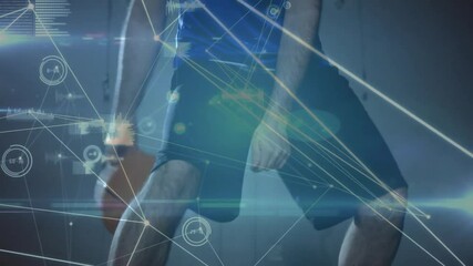 Basketball player starting dribble between legs on court with analytics overlays tracking motion - Powered by Adobe