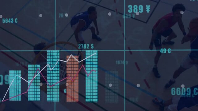 Basketball player dribbling toward hoop initiating clear finance overlay animating bars currency