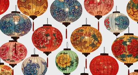 Vibrant painted lanterns gently illuminate a bright background. AI Generated