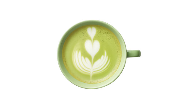 Matcha Latte Art: Top View of a Cup with Heart and Leaf Design transparent background png