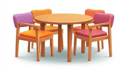 Colorful Modern Dining Set Featuring Round Wooden Table and Upholstered Chairs in Vibrant Shades of Orange, Purple, and Pink for Stylish Home Decor and Interior Design