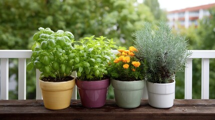 Vibrant Potted Herbs and Flowers on a Wooden Table Beside Greenery, Perfect for Gardening Enthusiasts and Home Decor Inspirations