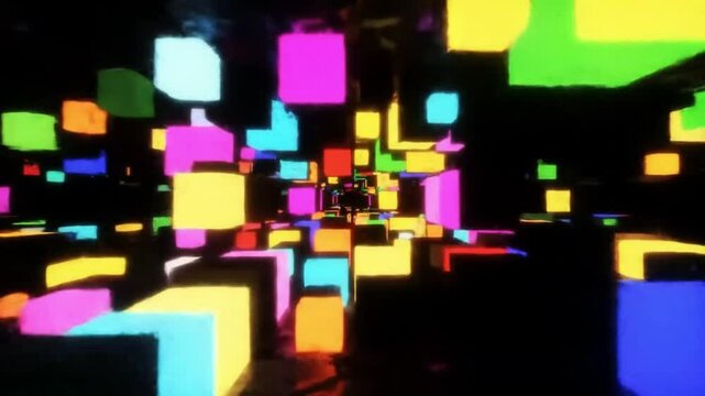 A digital 3D abstract tunnel made of colorful neon cubes floating in black space, creating a sense of depth and motion.