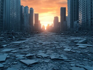 Desolate city street after destruction