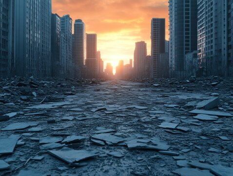 Desolate city street after destruction