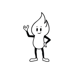 Vector art of a cheerful cartoon flame character waves happily with a smile, standing on a white background, isolated on white background