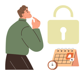 Man thinking near calendar with padlock, clock, and percentage icon. Ideal for security, deadlines, time management, planning, data protection goal setting scheduling concepts. Simple flat metaphor