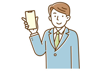スマートフォンを持ってこちらを見ているスーツ姿の若いビジネスマンの男性
