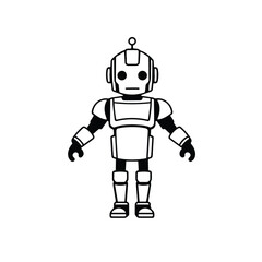 Vector art of a simple black and white illustration of a friendly cartoon robot, isolated on white background
