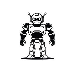 Vector art of powerful robot character design a strong and determined black and white illustration, isolated on white background
