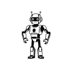Vector art of calm robot character design a neutral and serious black and white illustration, isolated on white background