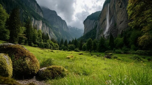 Worm&rsquo;s Eye View of Staubbach Falls &ndash; Lauterbrunnen Valley from Grassy Meadow