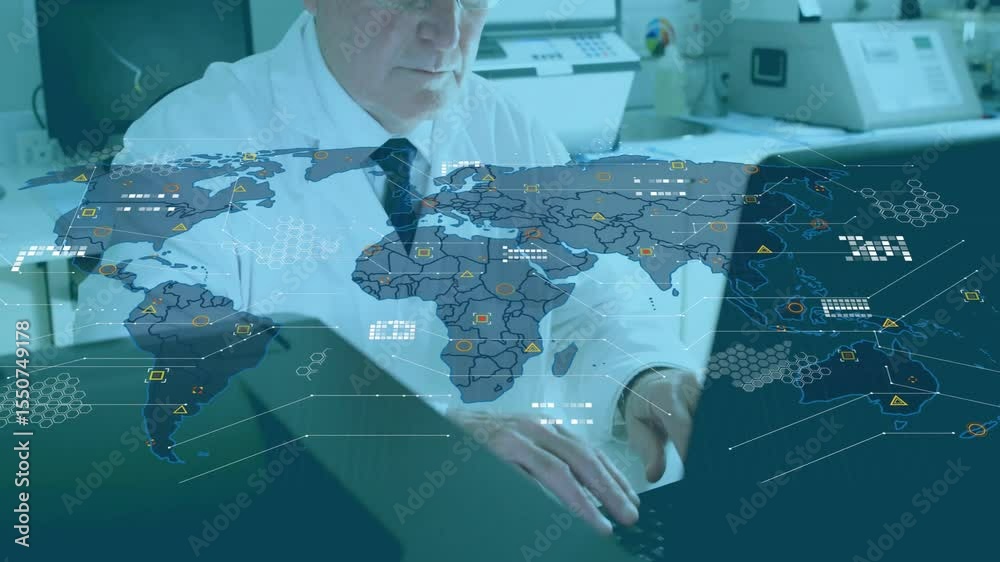 Poster senior scientist typing on keyboard and activating translucent world map for global data analysis