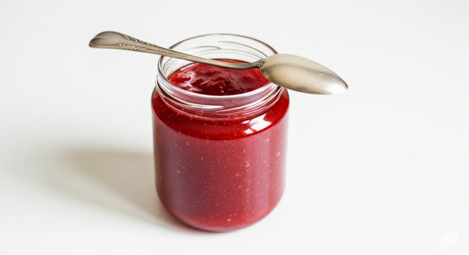 Glass jar filled with red berry jam and a metal spoon resting on top isolated on white background