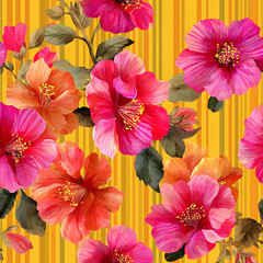 A yellow and orange striped background with pink and orange flowers