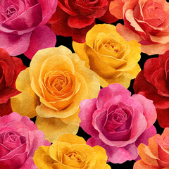 A bunch of roses in various colors, including yellow, pink, and red