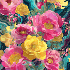A painting of a flower garden with pink and yellow flowers