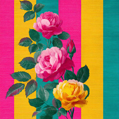 A painting of three pink roses on a green and yellow striped background
