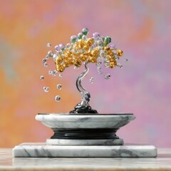 Glass Bonsai Tree Sculpture on Marble Base