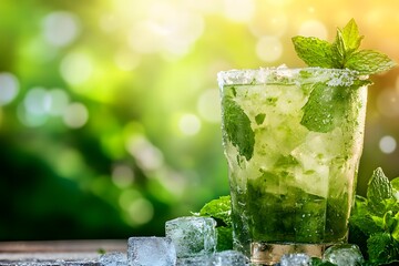 Refreshing Mint Mojito Cocktail in Summer with Ice and Green Background