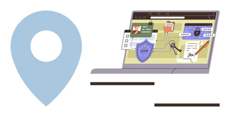 Laptop screen displaying GDPR shield, forms, key, and files connected with data security. Large location pin highlighting geographical aspects. Ideal for privacy, security, compliance, legal