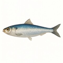 Fototapeta premium A silver sardine isolated on a white background showing detailed side profile