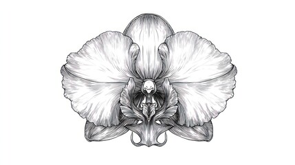 Detailed grayscale drawing of an orchid flower.  Close-up view