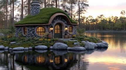 Obraz premium Rustic cabin on island, lake, sunset