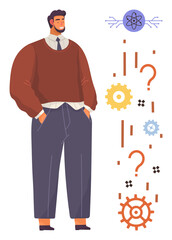 Man with hands in pockets, surrounded by icons thumbs up gears, question marks, and atomic symbol. Ideal for problem-solving, innovation, creativity, thinking, decision-making strategy