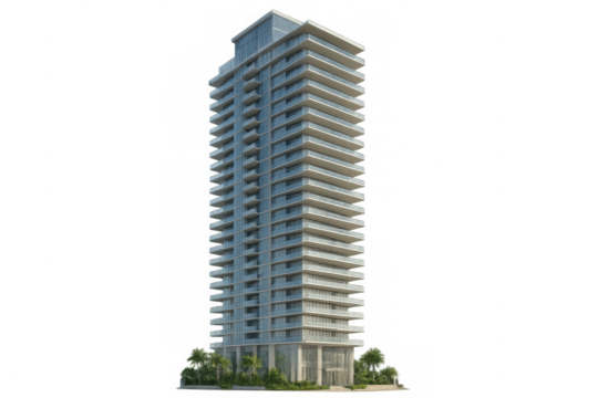 Modern skyscraper rising against a transparent background, showcasing its sleek design and balconies