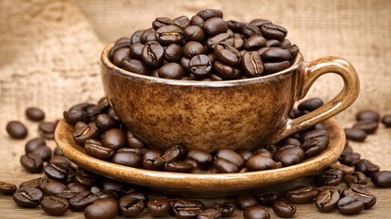 Roasted Coffee Beans in Brown Cup and Saucer