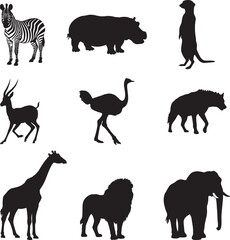 Collection of african wildlife animals in silhouette style