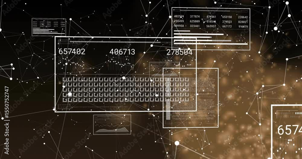 Poster opening with drifting nodes and lines, keyboard panel emerging and updating numbers for data view